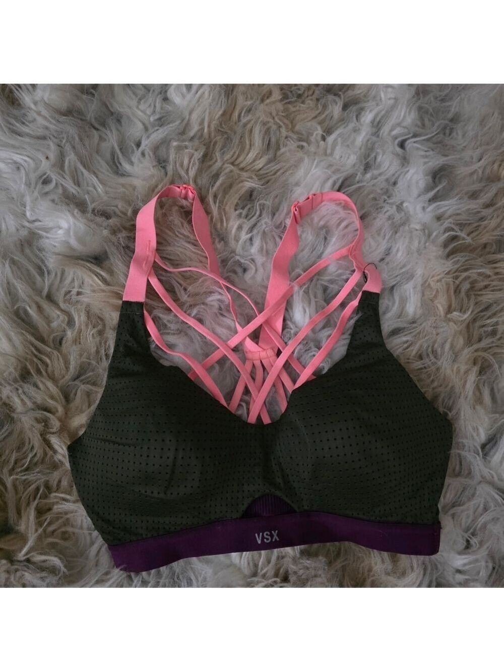 Victoria's Secret Black Sports Bra Large Pink Strappy Back Purple Band